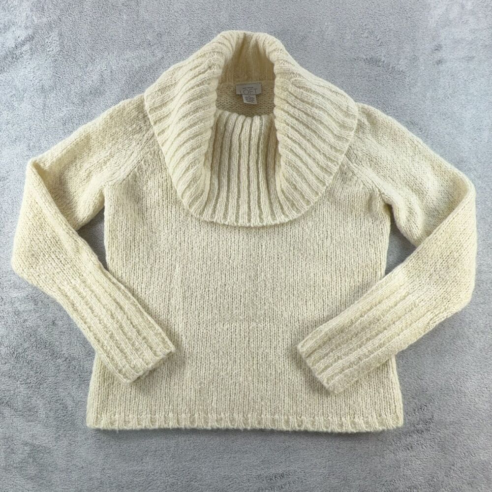 LOFT Wool Blend Cowl Neck Sweater Womens M Ivory Pullover Long Sleeve Knit